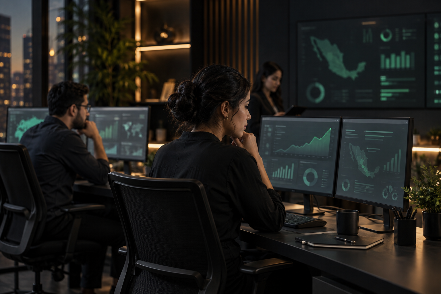 Equipo de operaciones trabajando con paneles de análisis de Workforce